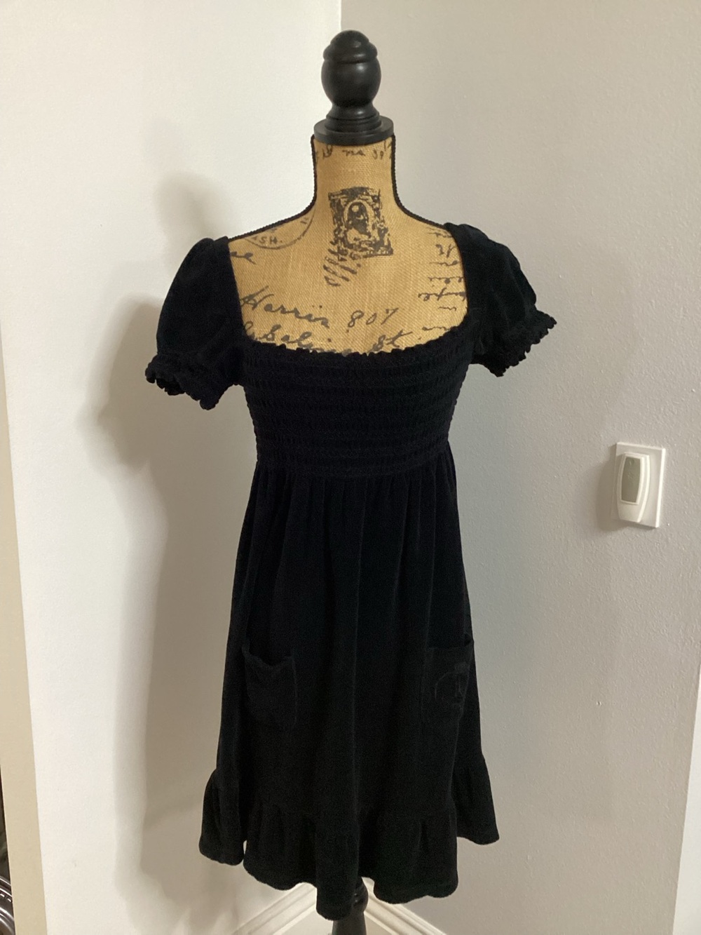✨ Vintage Y2K Juicy Couture Black Terry Cloth Smocked Mini Dress ✨